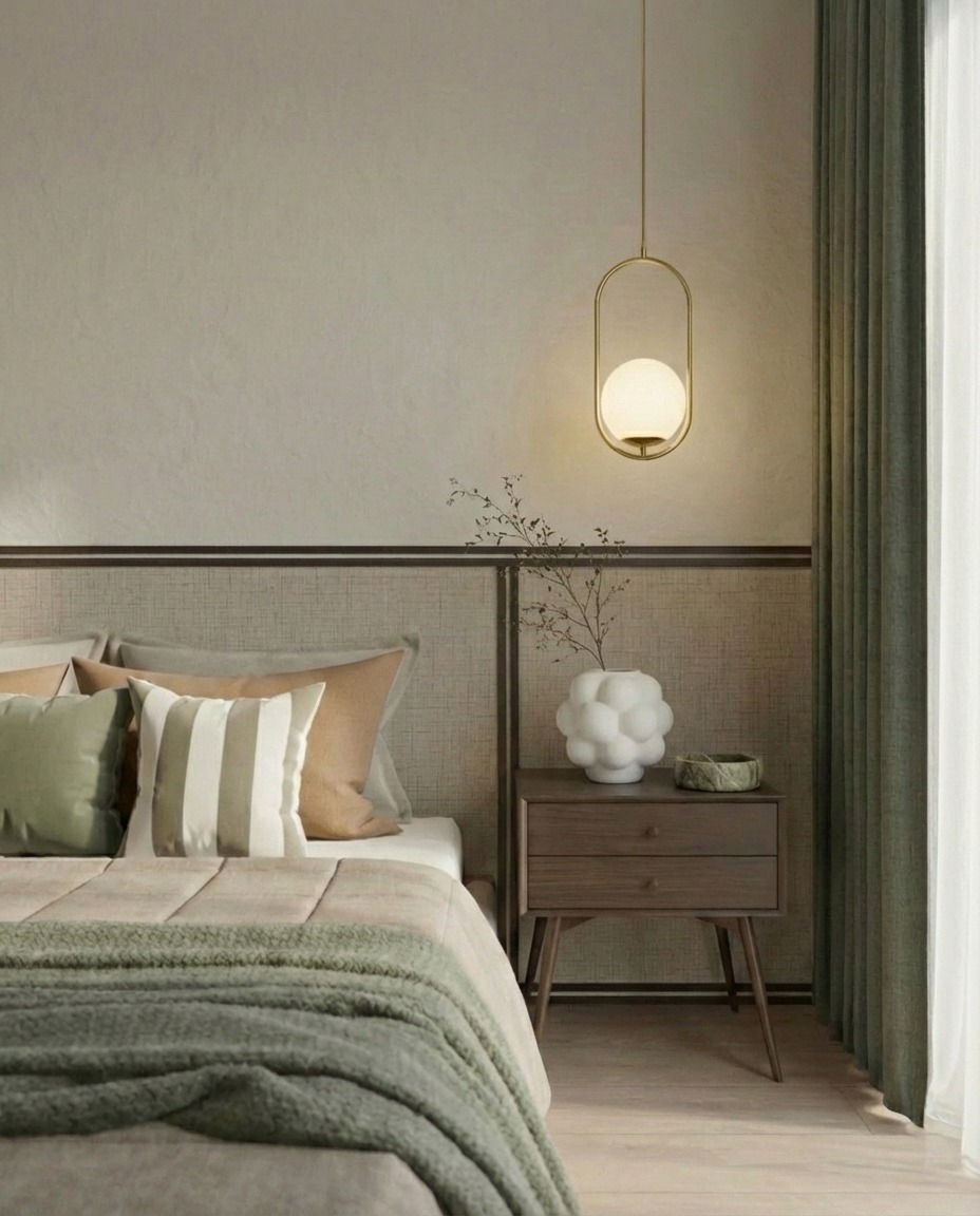 Neutralna sypialnia z teksturową ścianą, lampą wiszącą i drewnianą szafką nocną. Zielony pled na łóżku i zasłony dodają koloru. Minimalistyczny wystrój.