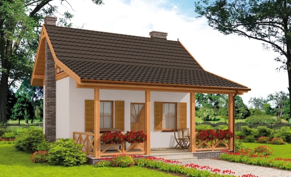 Projekt domu szkieletowego z zadaszonym tarasem, brązowym dachem i ceglanym kominem. Widoczne drewniane elementy konstrukcyjne i zadbany ogród.