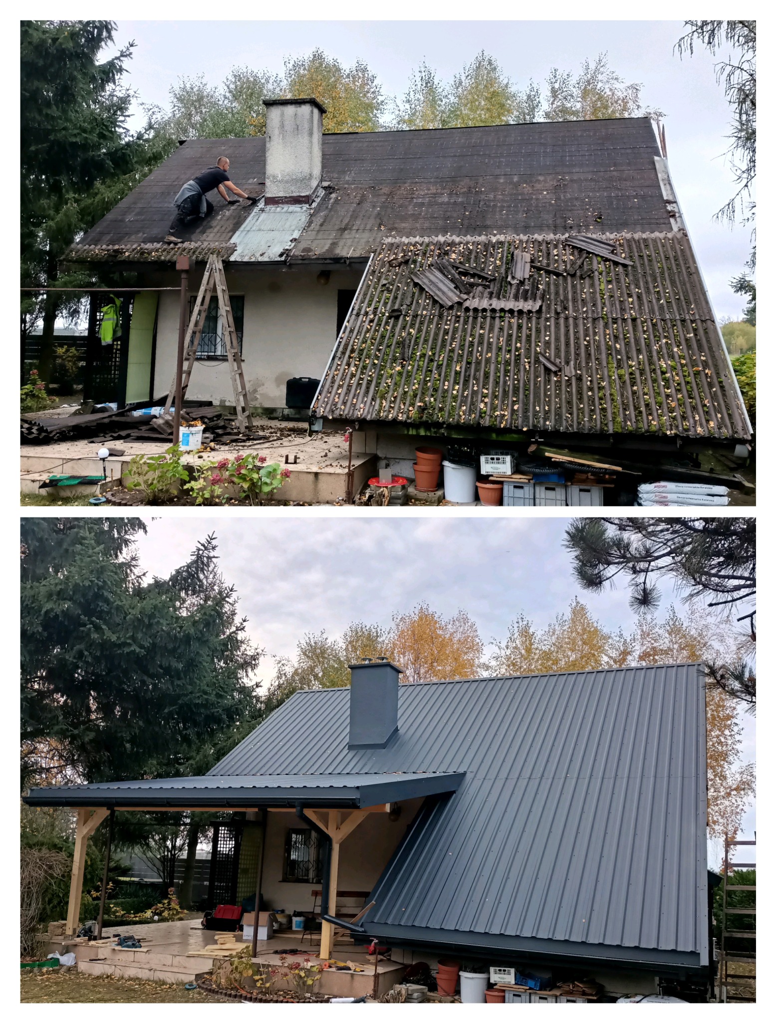 Zdjęcie 'przed i po' prezentujące wymianę dachu na domu jednorodzinnym. Na górze stary, zniszczony dach z eternitu, na dole nowy, blaszany dach w kolorze grafitowym z dobudowaną wiatą.