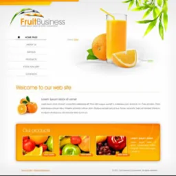 Projekt strony internetowej firmy z branży owocowej, z widocznym logo FruitBusiness, szklanką soku pomarańczowego, owocami i menu nawigacyjnym.