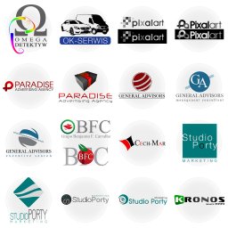 K-Design - Kompilacja różnorodnych logo firm, każde umieszczone na białym tle, prezentujących odmienne style graficzne i branże, od wirtualnych prezentacji po doradztwo i marketing.