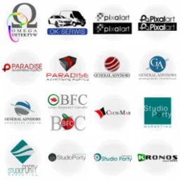 Kompilacja różnorodnych logo firm, każde umieszczone na białym tle, prezentujących odmienne style graficzne i branże, od wirtualnych prezentacji po doradztwo i marketing.