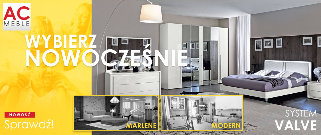 Nowoczesna sypialnia z białymi meblami: łóżko z szarym nakryciem, szafa z lustrami, komoda i lampa łukowa. W tle ciemna ściana z obrazkami. W lewym dolnym rogu kolaż zdjęć salonu i kuchni.