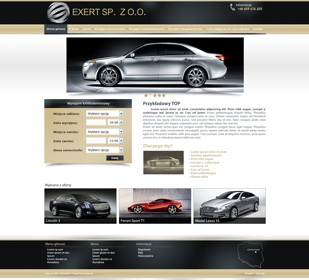 Projekt strony internetowej firmy Exert Sp. z o.o. z ofertą wynajmu samochodów, prezentujący srebrny samochód na górze i formularz rezerwacji poniżej.