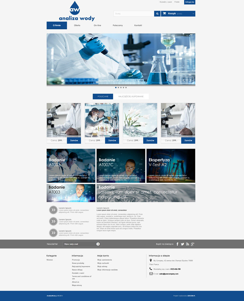 Strona internetowa firmy zajmującej się analizą wody, prezentująca zdjęcie laboratoryjne z pipetą i kolbami.