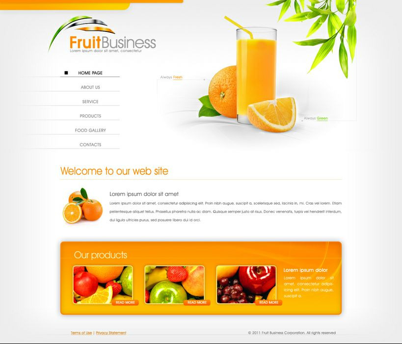 Projekt strony internetowej firmy z branży owocowej, z widocznym logo FruitBusiness, szklanką soku pomarańczowego, owocami i menu nawigacyjnym.