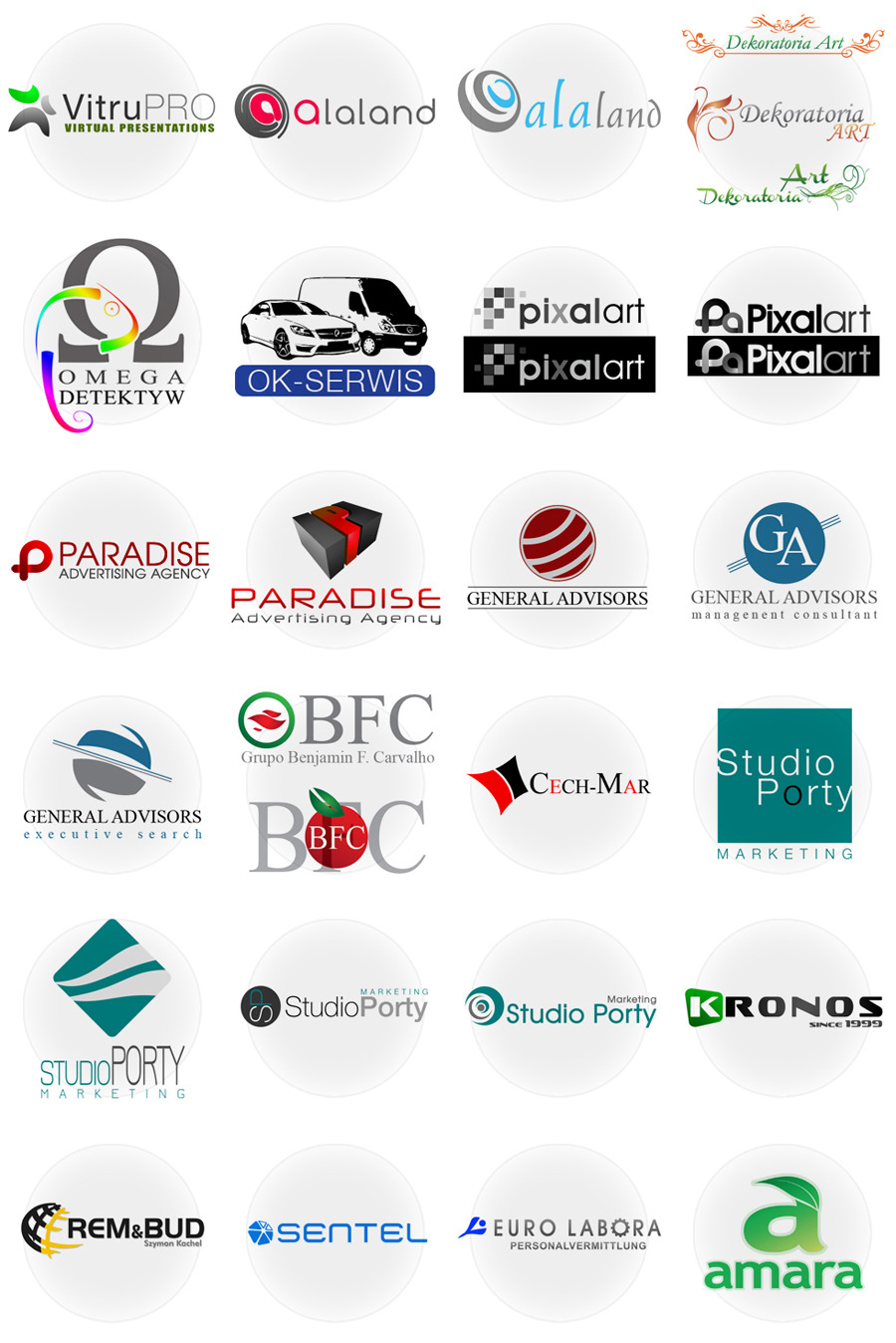 Kompilacja różnorodnych logo firm, każde umieszczone na białym tle, prezentujących odmienne style graficzne i branże, od wirtualnych prezentacji po doradztwo i marketing.
