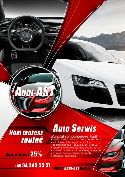 Plakat reklamowy warsztatu samochodowego Audi z elementami graficznymi przedstawiającymi wnętrze i karoserię auta na czerwono-białym tle.