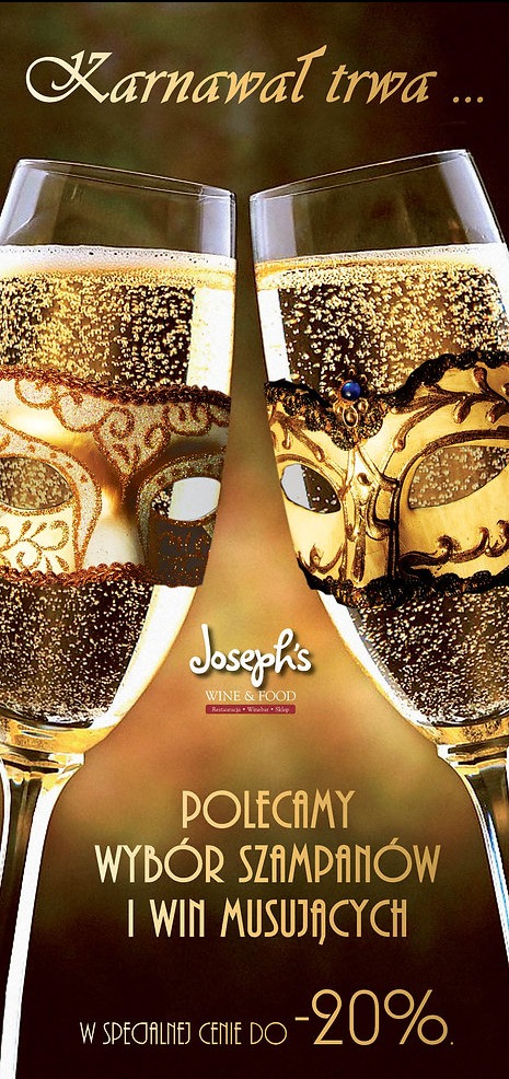 Dwa kieliszki szampana z karnawałowymi maskami na tle ciemnego tła z tekstem promocyjnym o wyborze szampanów i win musujących w specjalnej cenie.