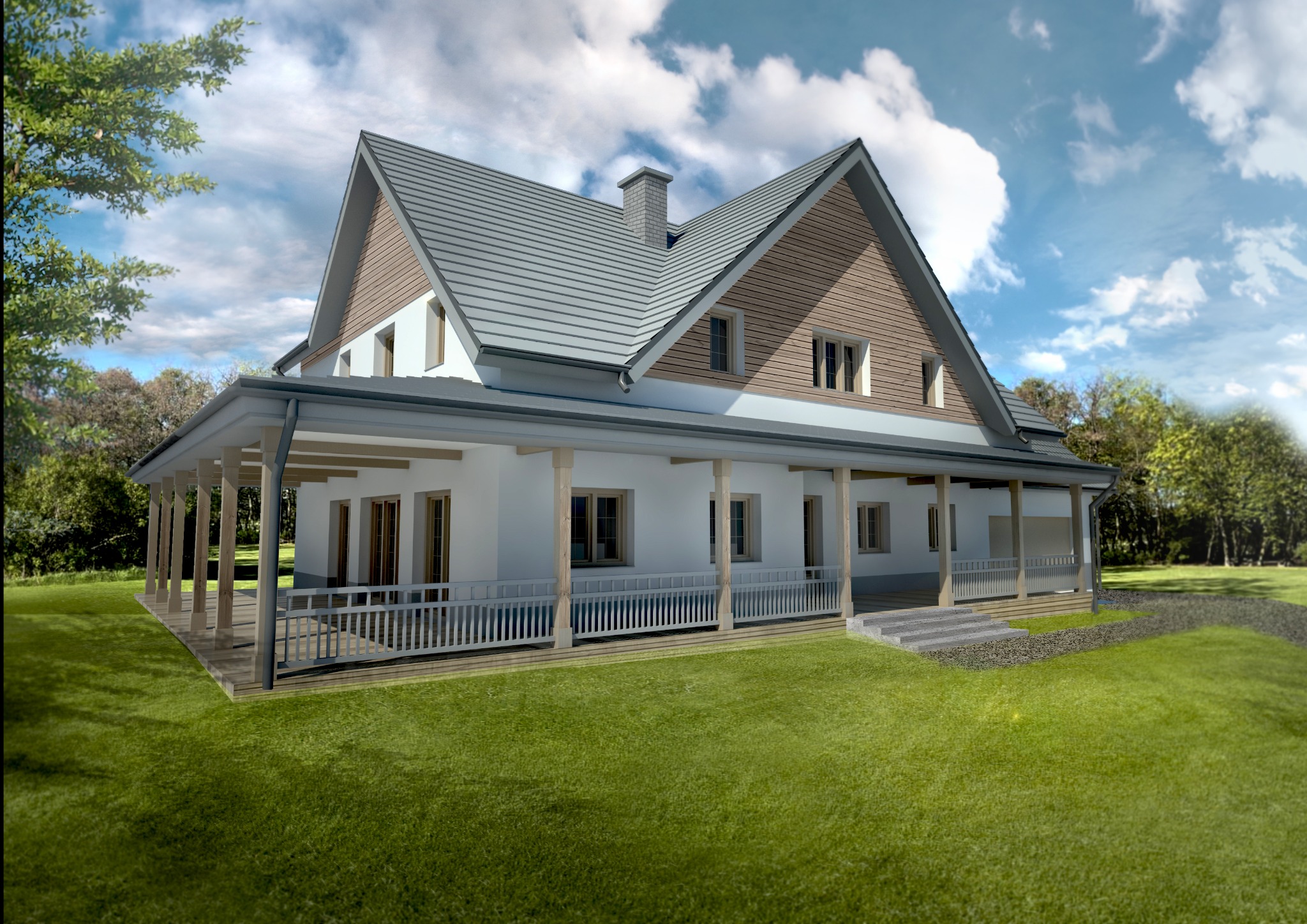 Wizualizacja dwukondygnacyjnego domu z szarym dachem i drewnianą elewacją poddasza, otoczonego rozległym trawnikiem i drzewami.