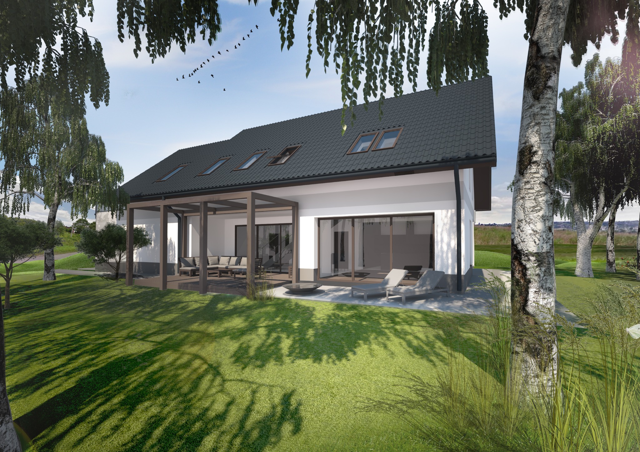 Wizualizacja domu jednorodzinnego z zadaszonym tarasem, widok z ogrodu, biała elewacja, grafitowy dach z oknami połaciowymi, drzewa w tle.