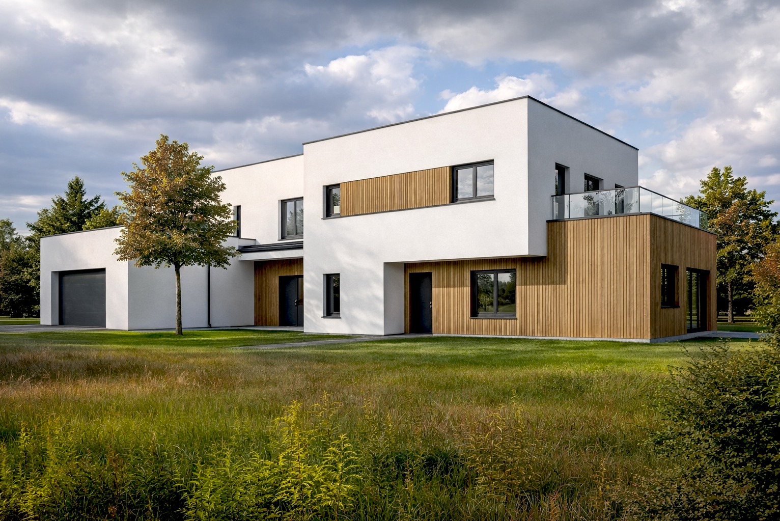 Nowoczesny dom z białymi ścianami i drewnianą elewacją, z garażem i balkonem ze szklaną balustradą, otoczony zielonym trawnikiem i drzewami w słoneczny dzień.