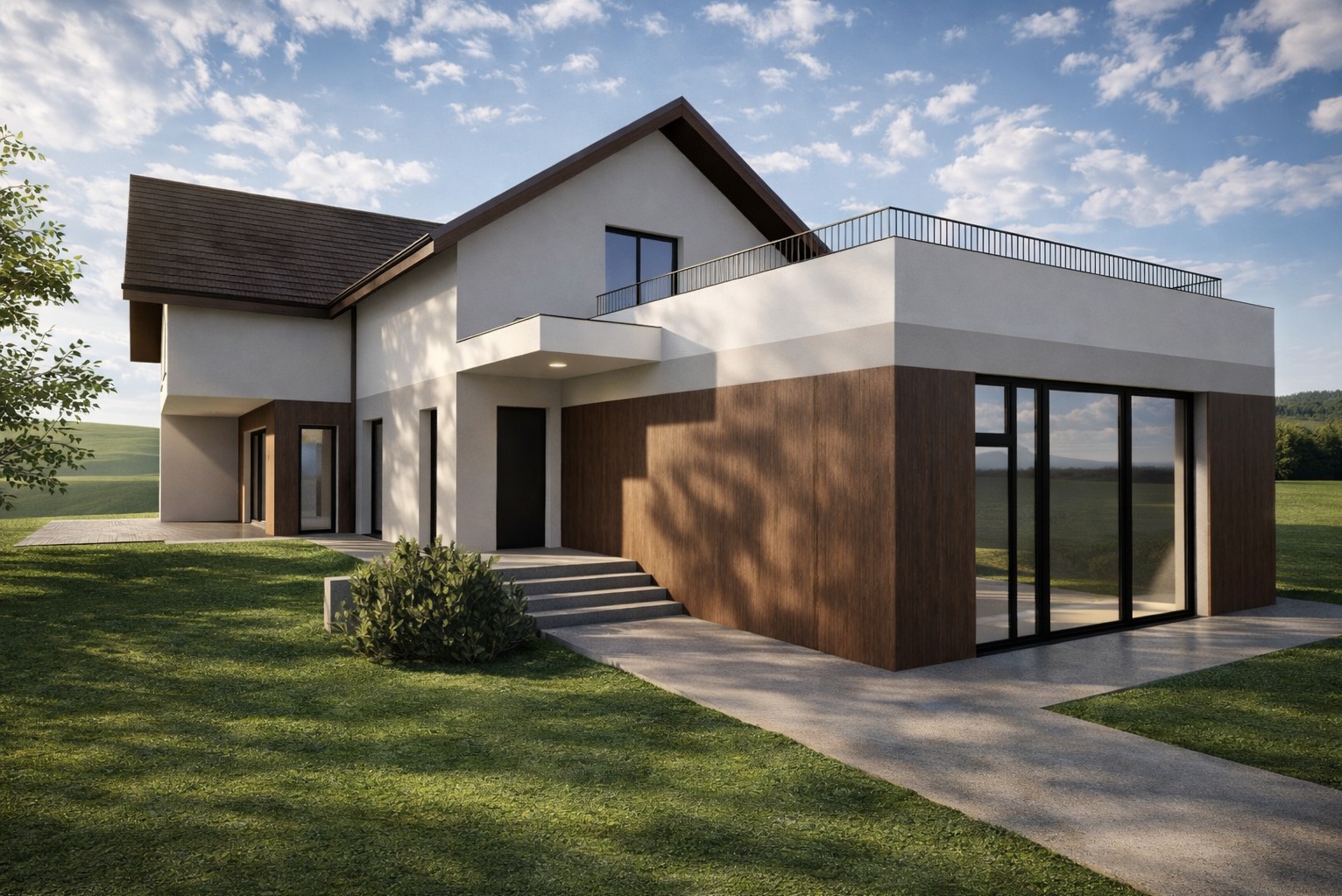 Nowoczesny dom z płaskim dachem i drewnianą elewacją, otoczony zielonym trawnikiem i ścieżką. Minimalistyczny design, duże okna, błękitne niebo w tle.