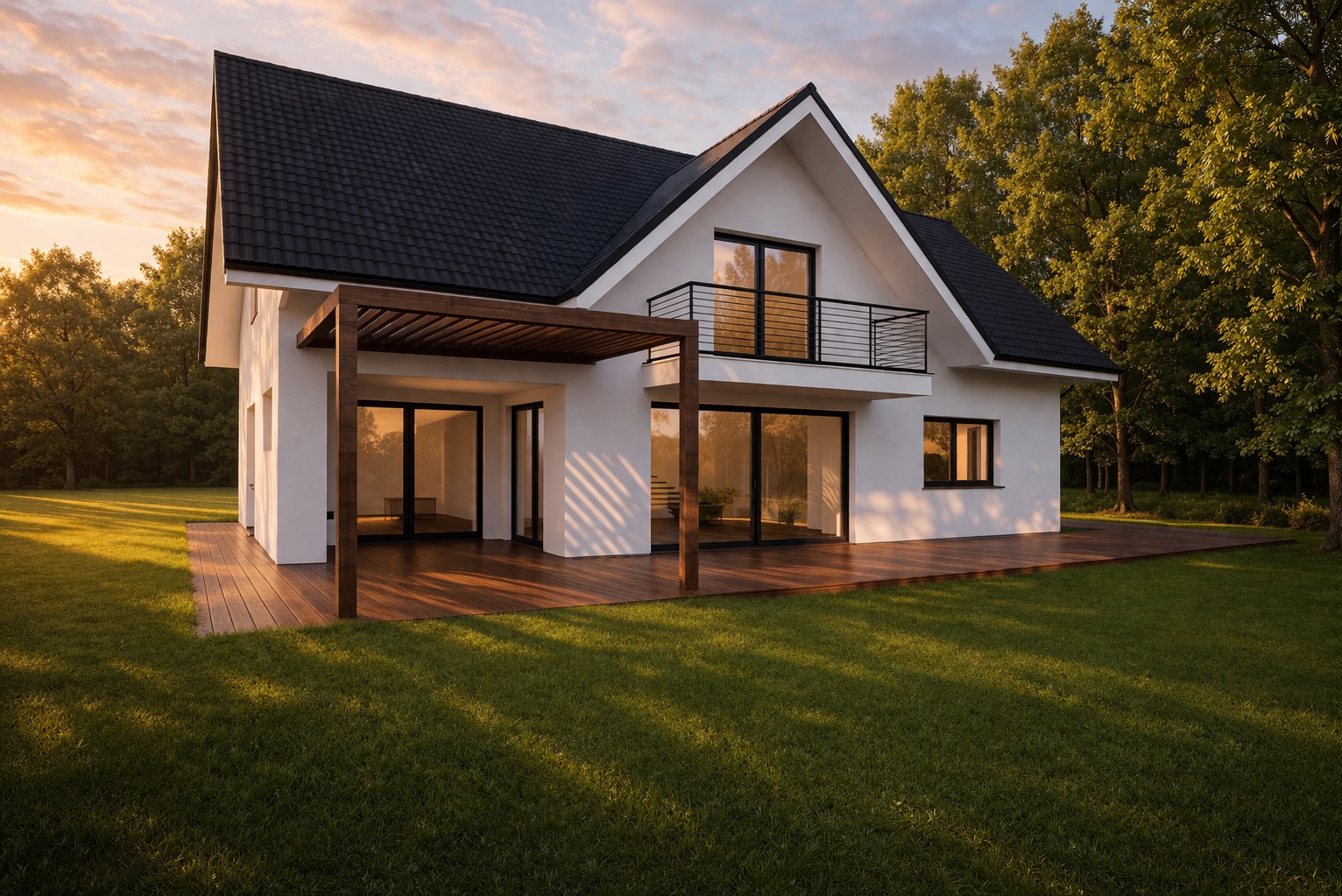 Nowoczesny dom z białymi ścianami, czarnym dachem i drewnianym tarasem w promieniach zachodzącego słońca. Minimalistyczna architektura, duże okna, zielony trawnik.