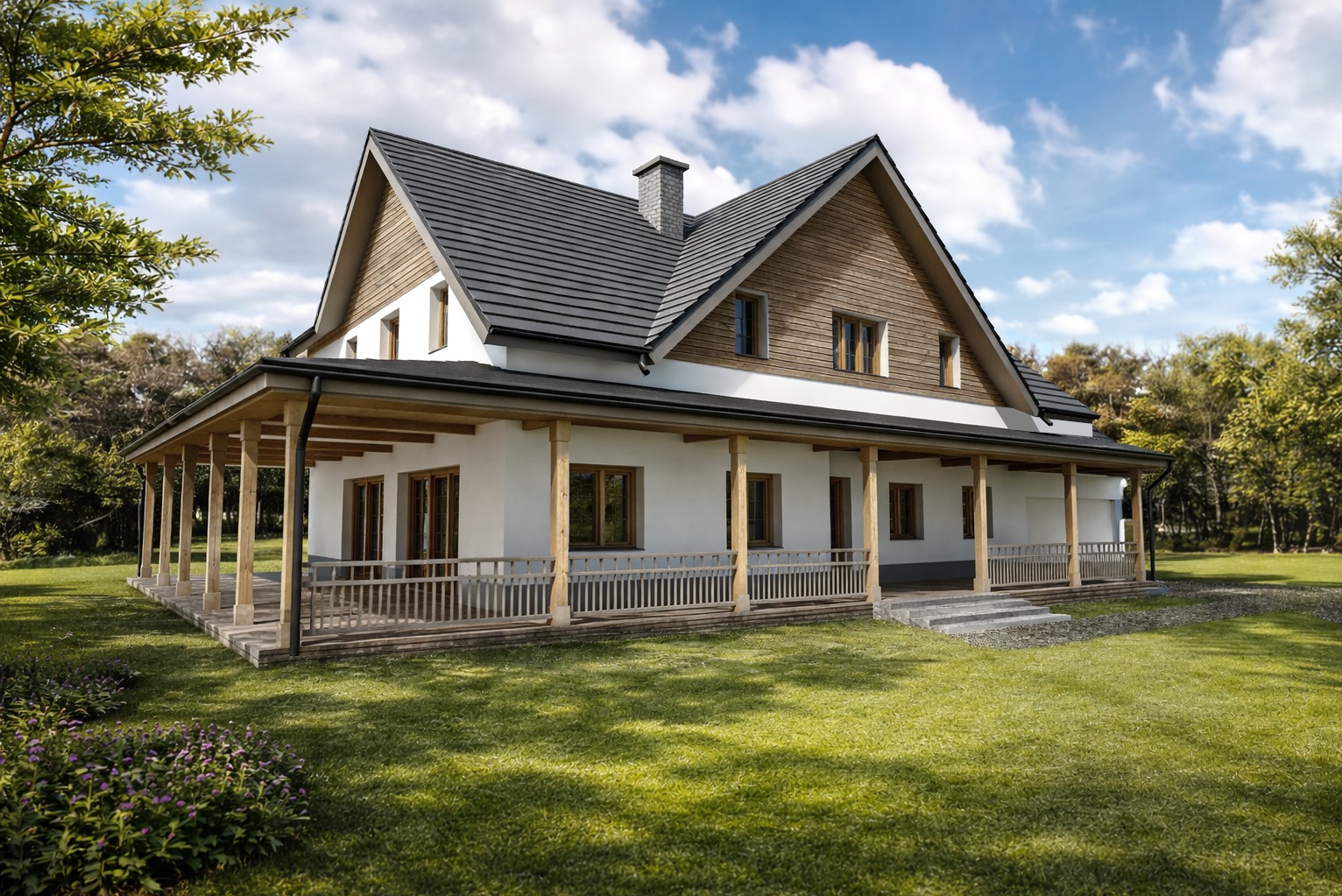Wizualizacja domu jednorodzinnego z werandą, białe ściany, drewniane elementy wykończeniowe, szara dachówka, otoczenie zieleni. Ujęcie z perspektywy ogrodu.