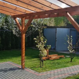 Drewniana pergola z przezroczystym zadaszeniem na tle zielonego ogrodu i kostki brukowej. Widoczne kwitnące drzewa owocowe i elementy konstrukcyjne z drewna.