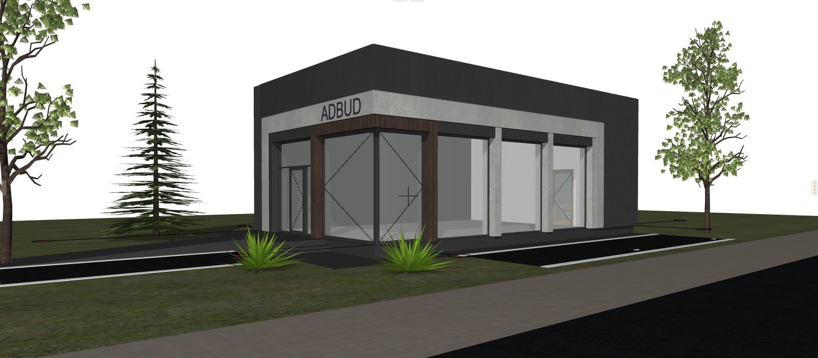 Wizualizacja budynku biurowego z dużymi oknami i napisem ADBUD nad wejściem, otoczonego zielenią i drzewami.