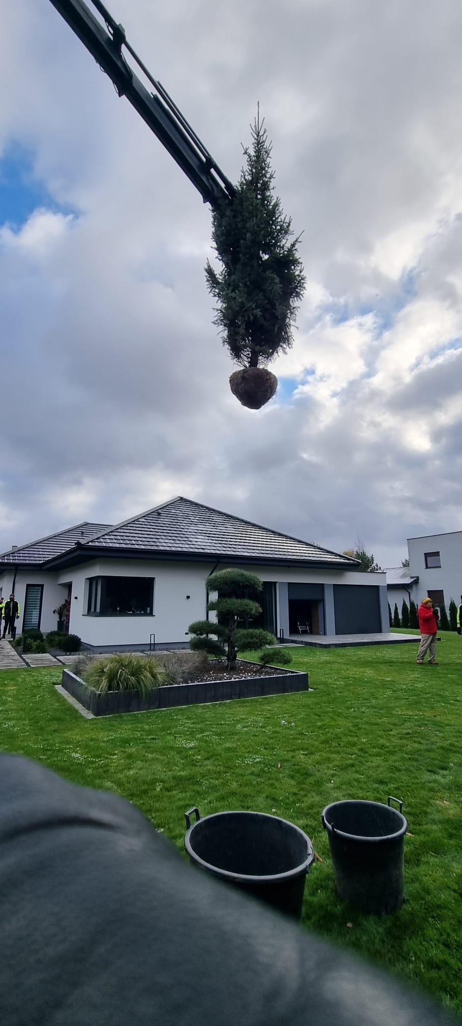Żuraw przenosi drzewo iglaste z bryłą korzeniową nad trawnikiem, w tle nowoczesny dom jednorodzinny z szarą dachówką i ozdobnymi nasadzeniami.