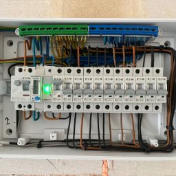 Bohdan Bohdan - Otwarta skrzynka elektryczna z zainstalowanymi bezpiecznikami EATON, licznikiem Legrand i uporządkowanymi przewodami w kolorach brązowym, niebieskim, żółto-zielonym i czarnym.