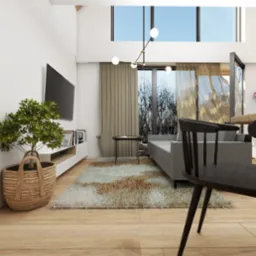 Wizualizacja salonu z szarą sofą, dywanem z długim włosiem, drewnianą podłogą i nowoczesnym oświetleniem. Czarny, drewniany fotel na pierwszym planie, z widoczną strukturą drewna.