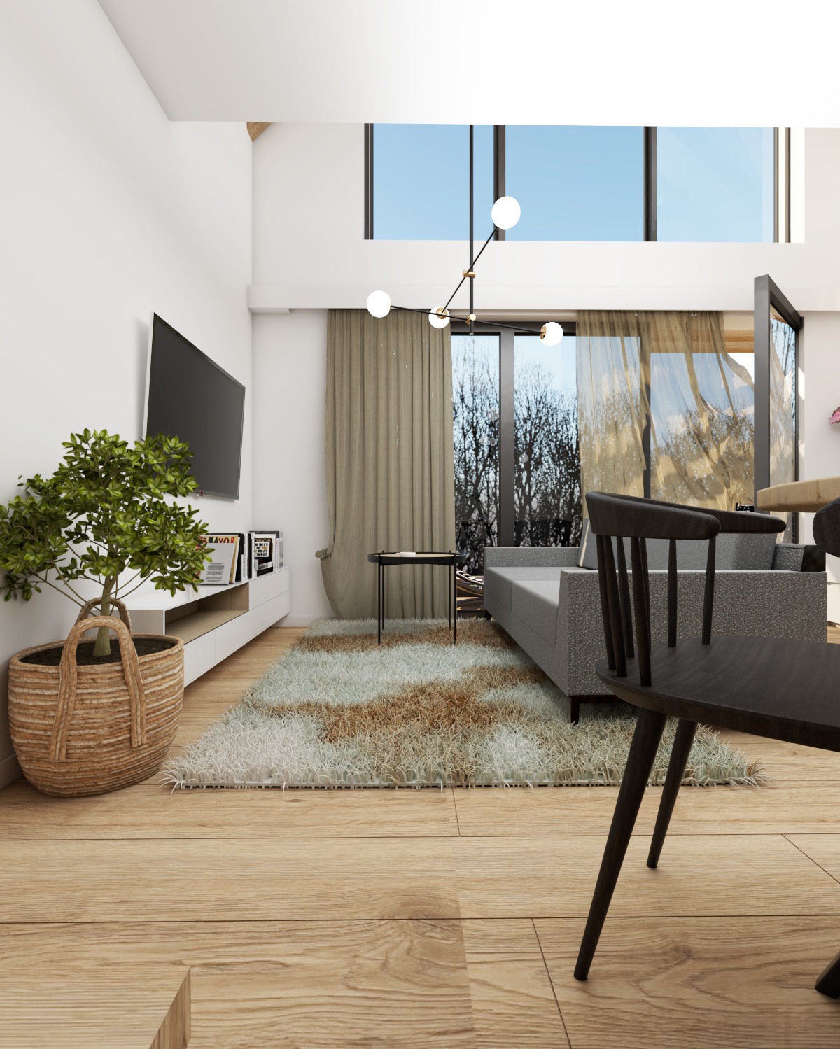 Wizualizacja salonu z szarą sofą, dywanem z długim włosiem, drewnianą podłogą i nowoczesnym oświetleniem. Czarny, drewniany fotel na pierwszym planie, z widoczną strukturą drewna.