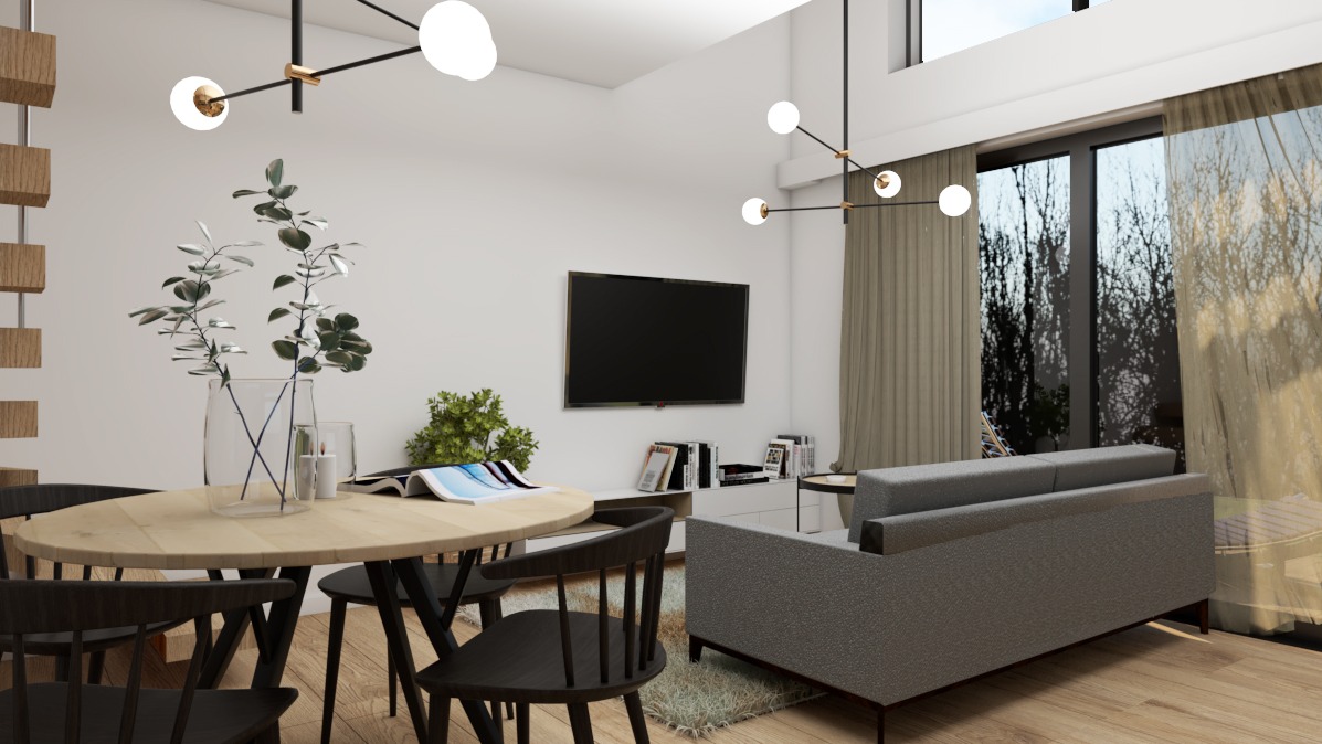 Jasne wnętrze z okrągłym stołem jadalnym i szarą sofą, oświetlone nowoczesnymi lampami sufitowymi z kulistymi kloszami, z widokiem na telewizor i rośliny doniczkowe.