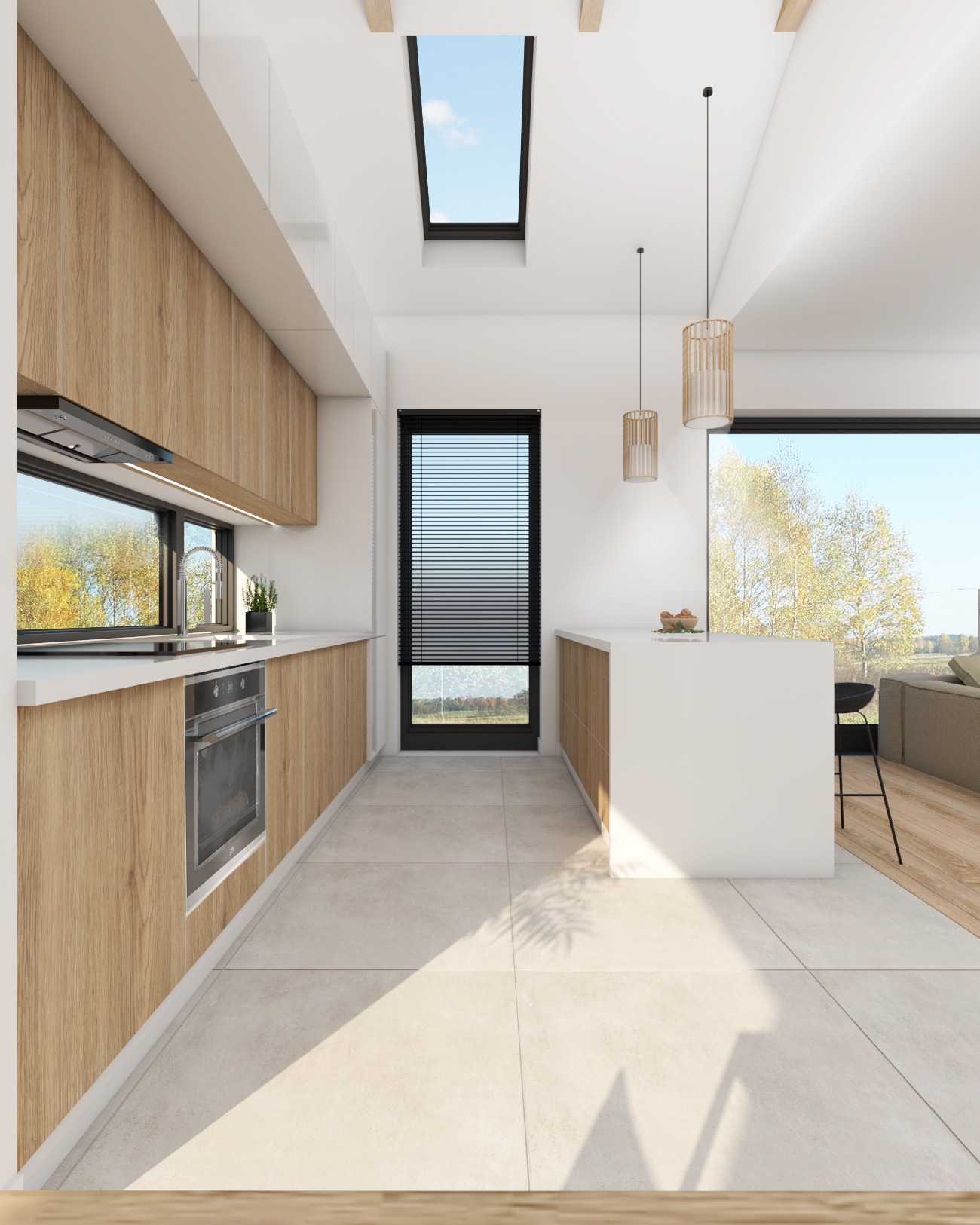 Jasna, nowoczesna kuchnia z drewnianymi frontami szafek, białym blatem i wyspą, oświetlona naturalnym światłem z okna dachowego i dużego okna z widokiem na drzewa.