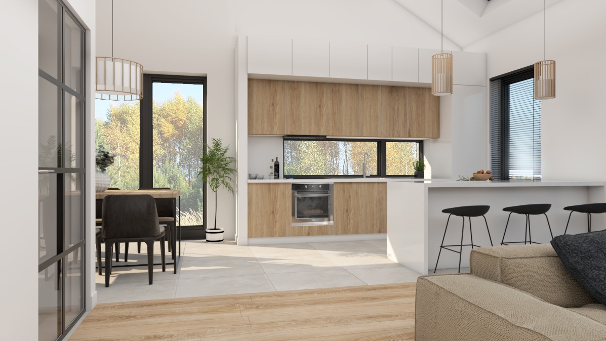 Wnętrze nowoczesnej kuchni z drewnianymi frontami szafek, białym blatem i czarnymi hokerami przy wyspie kuchennej, widok na jadalnię z dużym oknem i zielenią za nim, oświetlenie wiszące w formie...