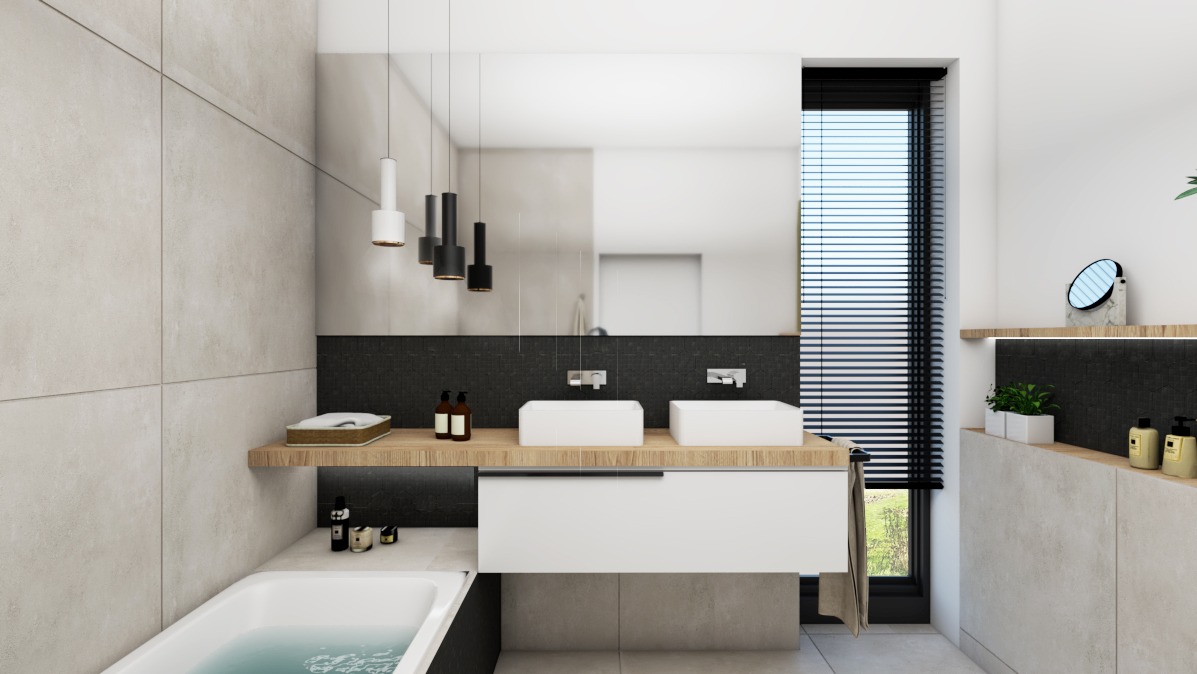 Nowoczesna łazienka z dwoma białymi umywalkami nablatowymi, drewnianym blatem, czarną mozaiką na ścianie, podwieszanymi lampami i wanną z wodą, minimalistyczny design.