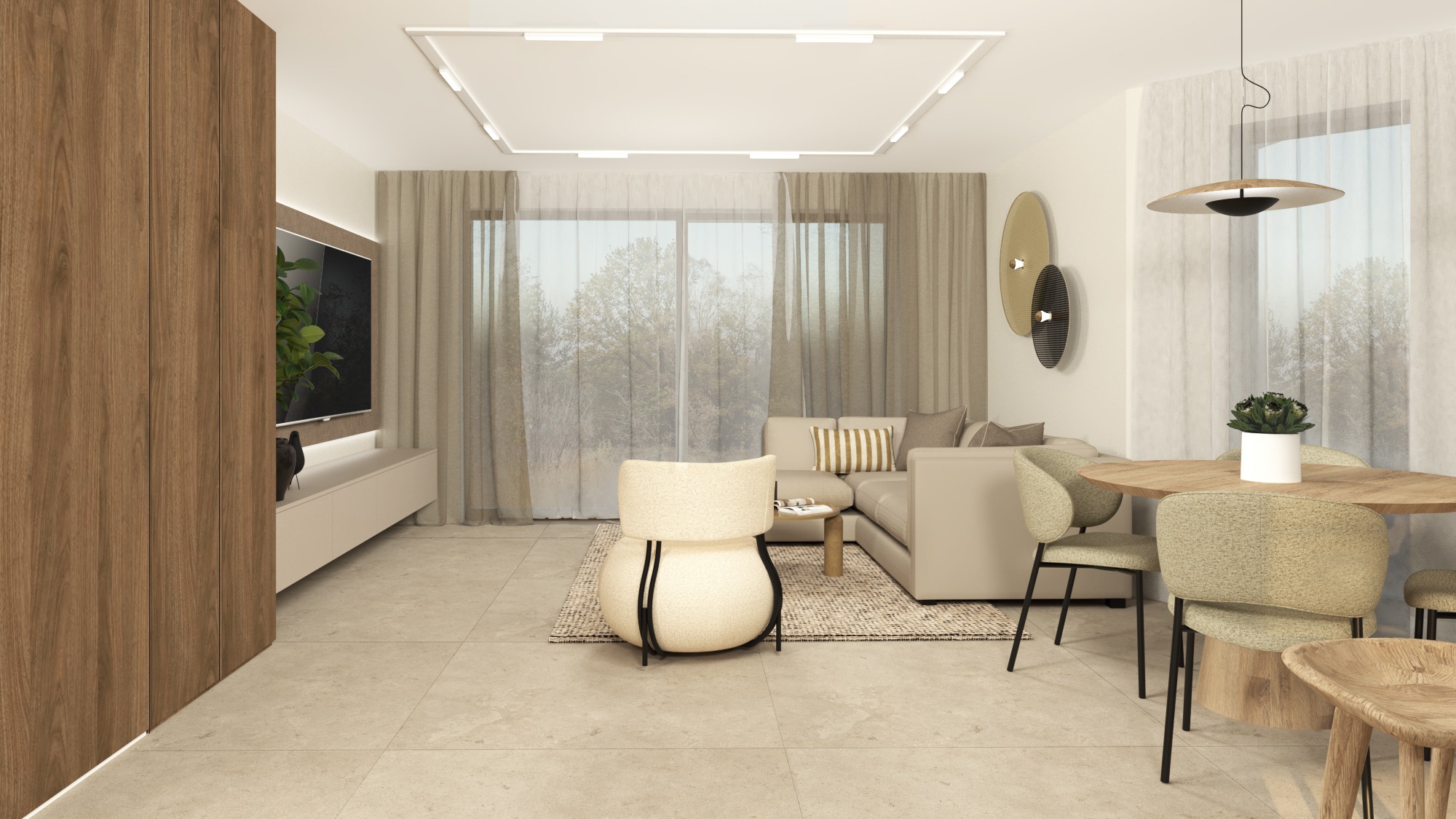 Wizualizacja salonu z narożną sofą, okrągłym stołem jadalnym z krzesłami w odcieniach beżu i zieleni, oraz oryginalnym fotelem na tle okna z jasnymi zasłonami i dekoracyjnych paneli ściennych.