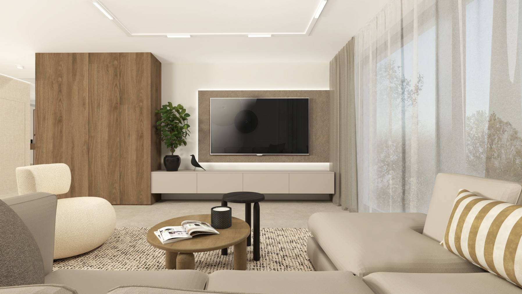 Nowoczesny salon w stonowanej kolorystyce z drewnianą zabudową, telewizorem na ścianie, beżową sofą i okrągłym stolikiem kawowym z książką i świecą, doświetlony subtelnym światłem dziennym...