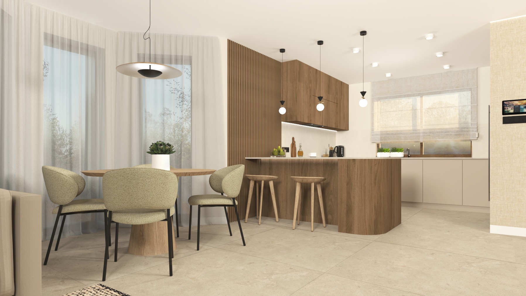 Jasne wnętrze kuchni z jadalnią, okrągły stół z czterema krzesłami w odcieniach beżu, wyspa kuchenna z drewnianym wykończeniem i trzema stołkami barowymi, duże okna z białymi zasłonami, nowoczesne...