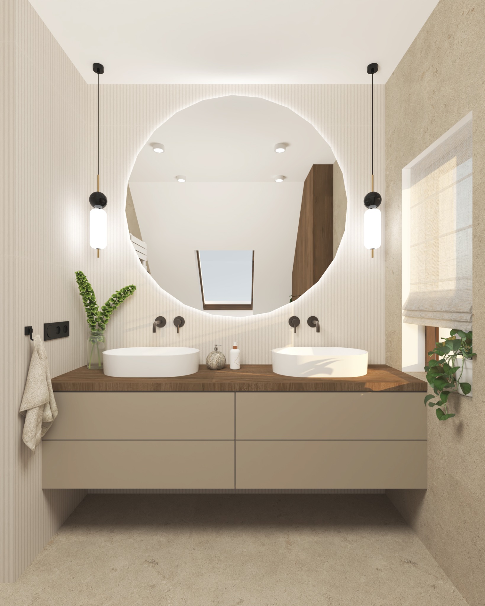 Nowoczesna łazienka z podwójną umywalką, okrągłym lustrem z podświetleniem LED, minimalistycznymi lampami wiszącymi i roślinami doniczkowymi przy oknie.