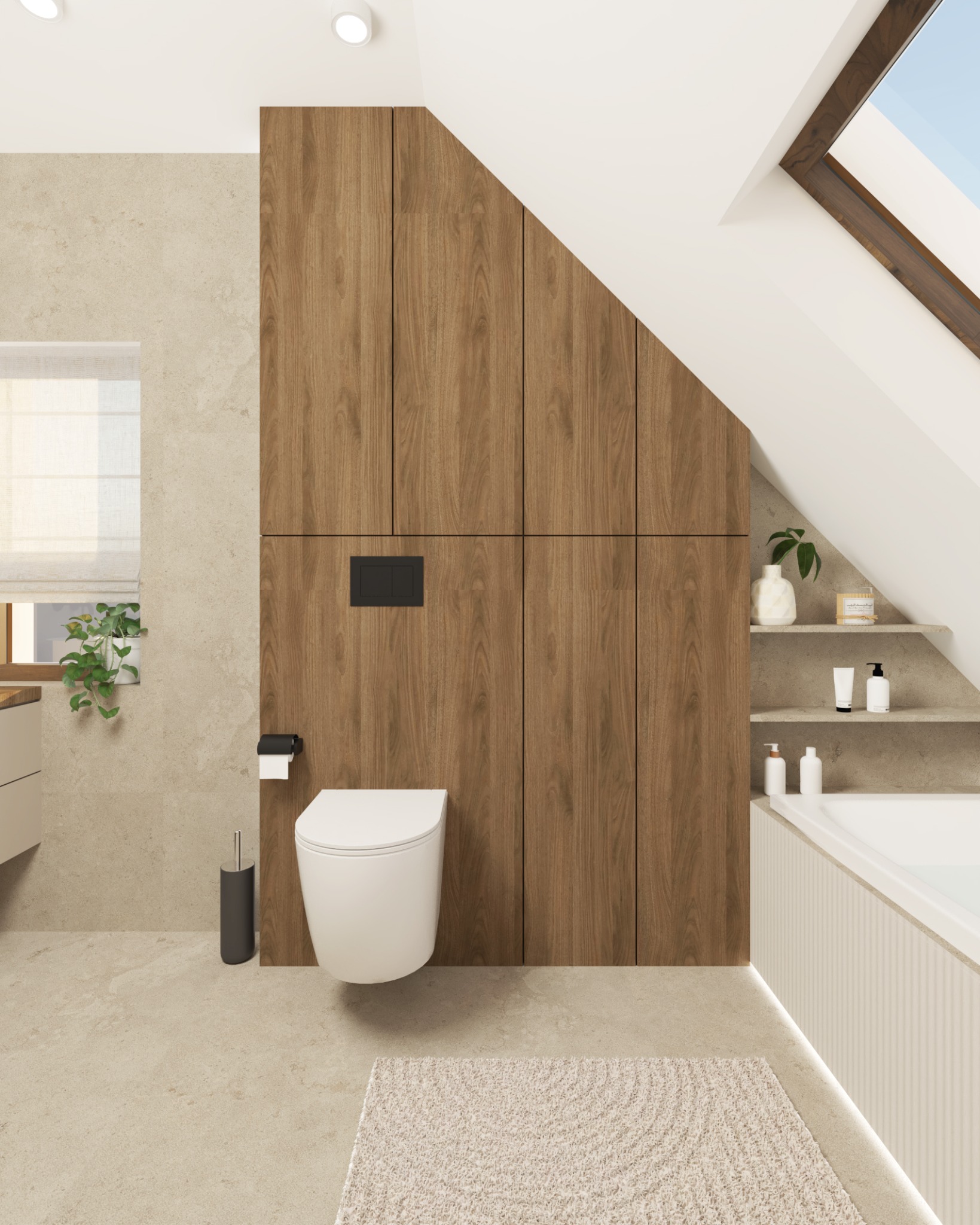 Jasna łazienka na poddaszu z drewnianą zabudową szaf, wiszącą toaletą i dywanikiem shaggy na beżowej podłodze. Uwagę zwraca okno dachowe i podświetlana wanna.