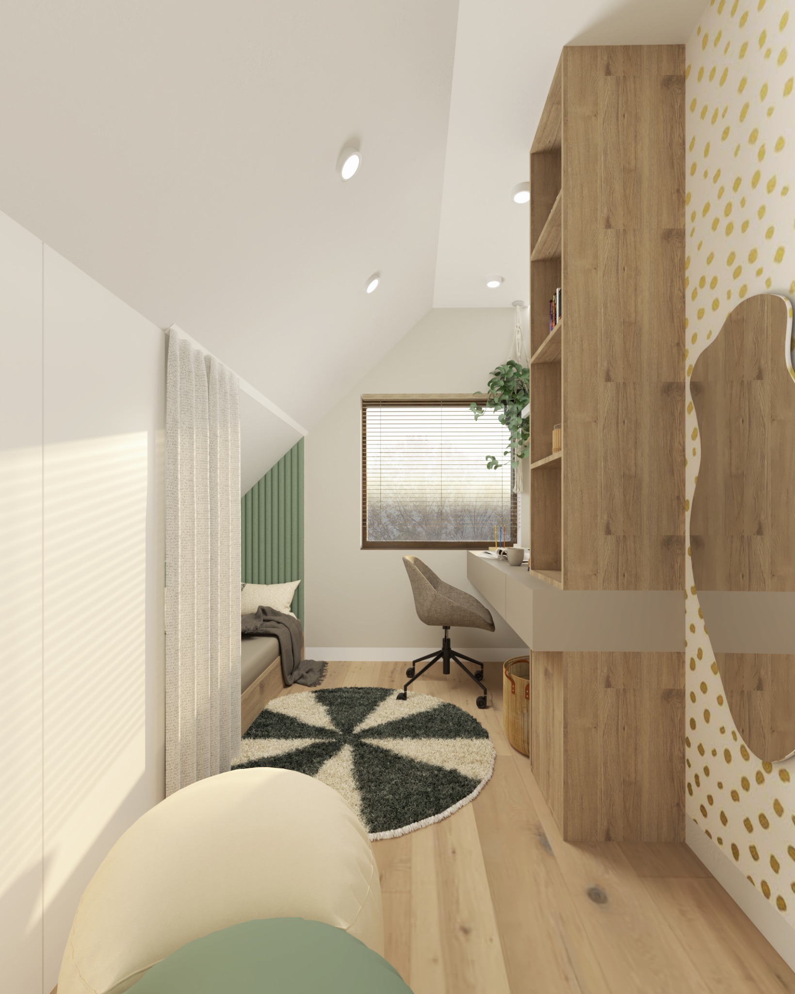 Pokój na poddaszu z miejscem do spania za zasłoną, biurkiem przy oknie, drewnianym regałem i okrągłym dywanem w geometryczny wzór.