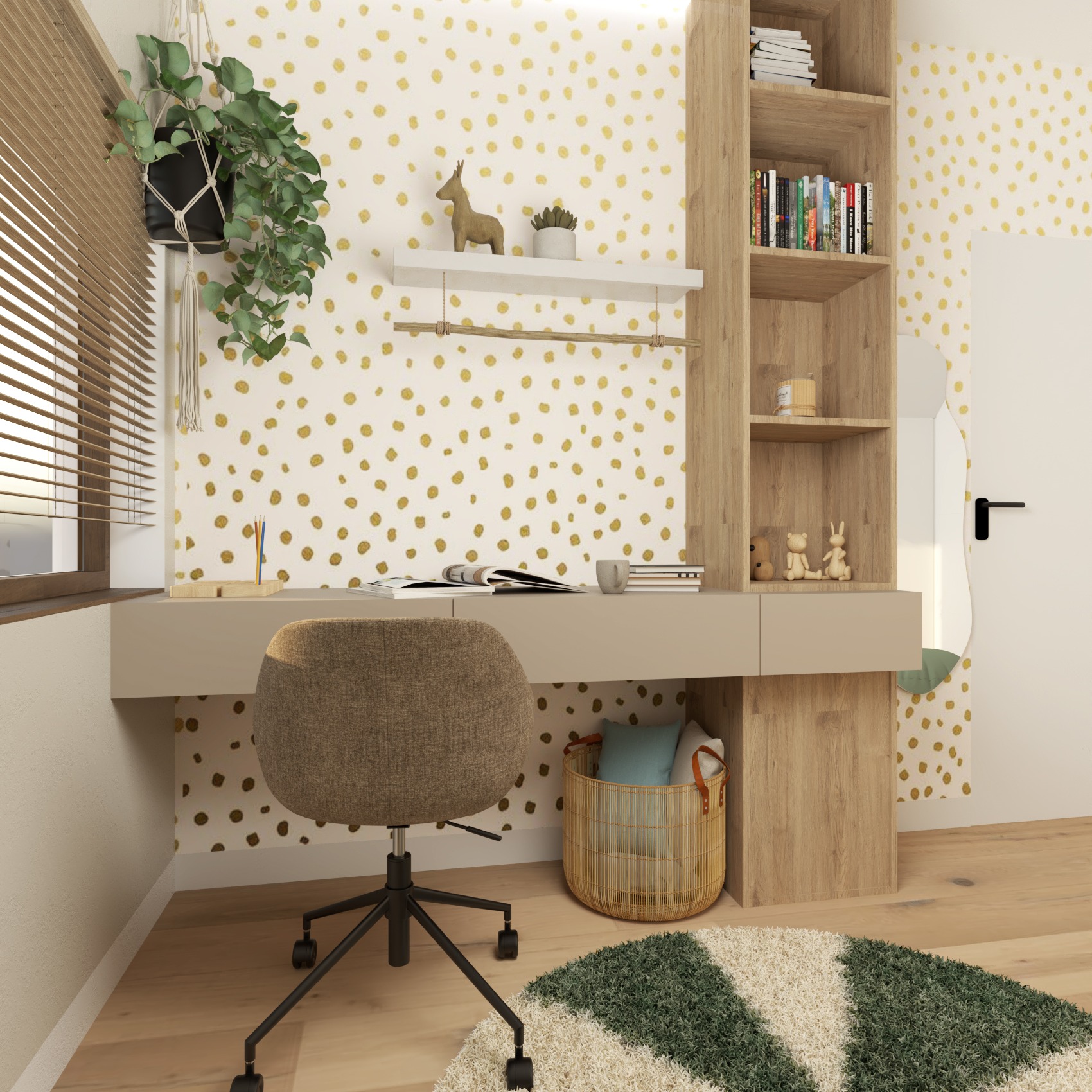 Pokój dziecięcy z biurkiem, krzesłem obrotowym, regałem na książki i ścianą w złote kropki. Na biurku leżą książki i przybory. W rogu stoi kosz z poduszkami i kocami. Na ścianie wiszą półki...