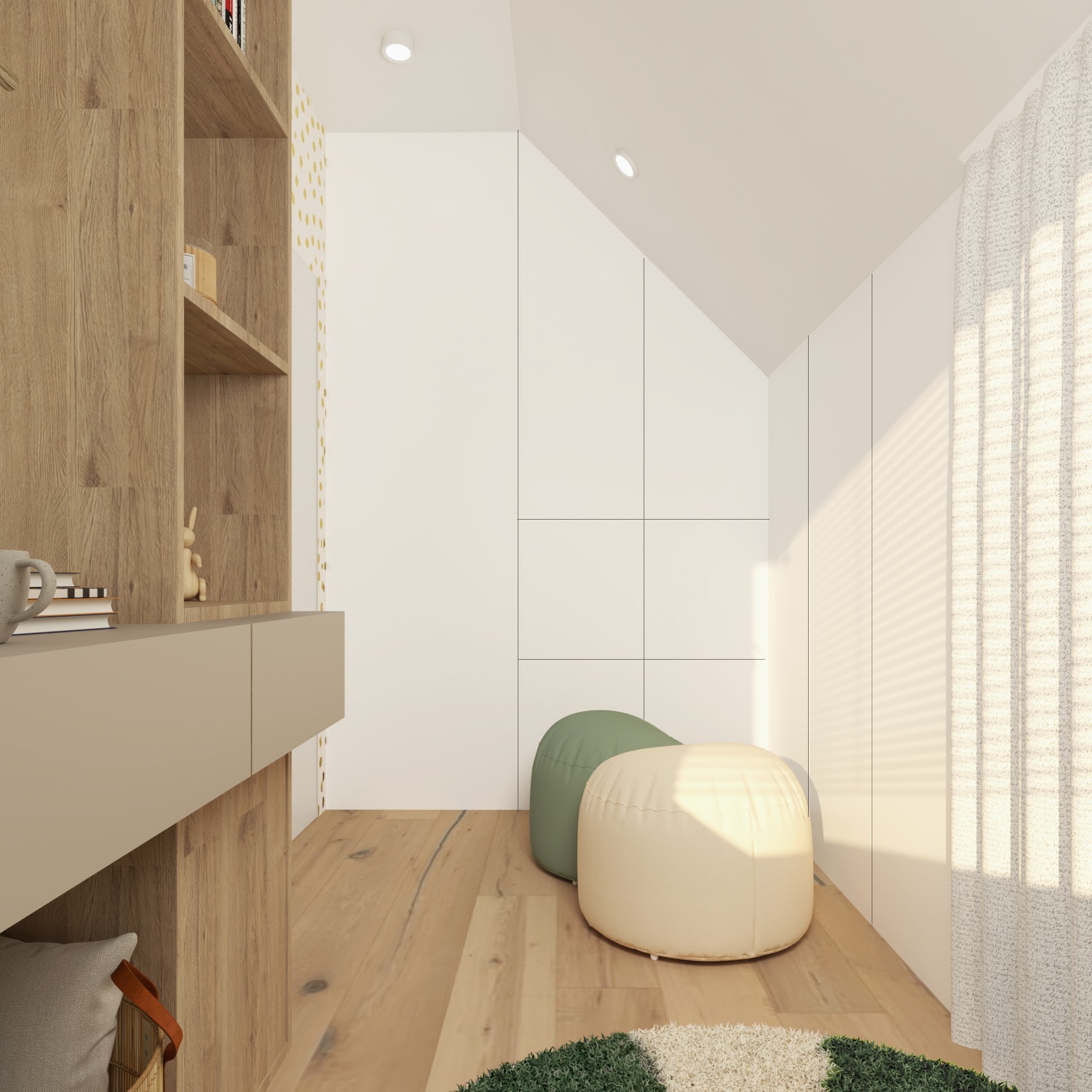 Jasne wnętrze pokoju na poddaszu z drewnianą podłogą, białymi szafami w zabudowie, beżowym biurkiem z półkami i dekoracjami, pufami w odcieniach zieleni i beżu oraz wzorzystym dywanem.