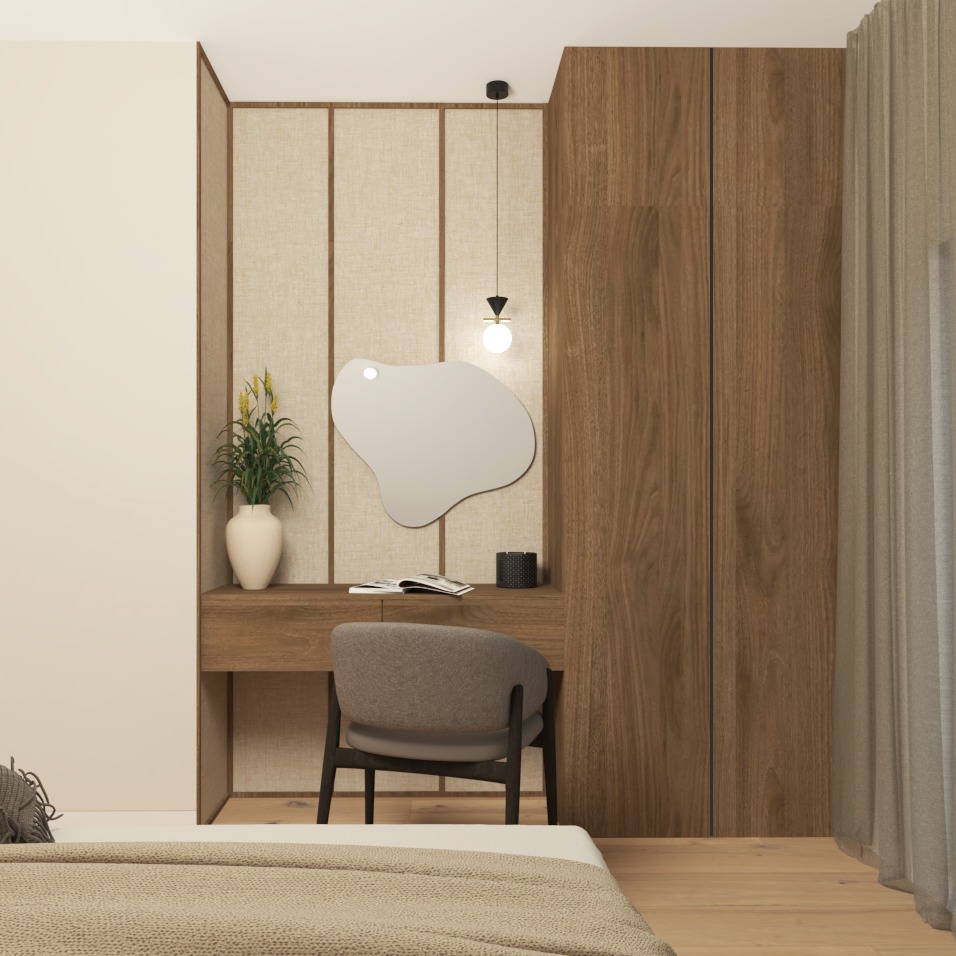 Neutralna sypialnia z toaletką, asymetrycznym lustrem, drewnianą szafą i wiszącą lampą punktową, uzupełniona wazonem z zielonymi roślinami i książką.