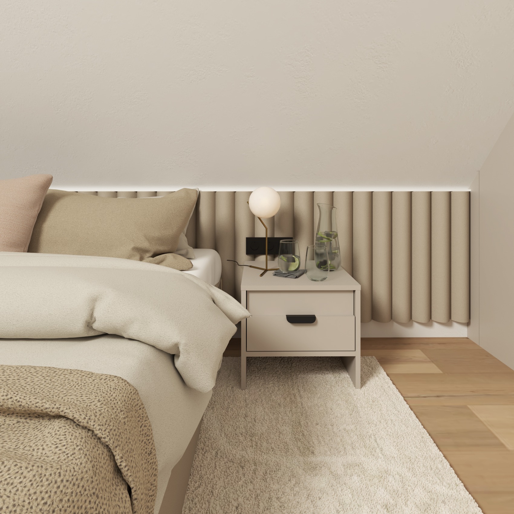 Sypialnia w odcieniach beżu: łóżko z dekoracyjnym zagłówkiem z podświetleniem LED, stolik nocny z lampką i karafką wody z cytryną, miękki dywan.