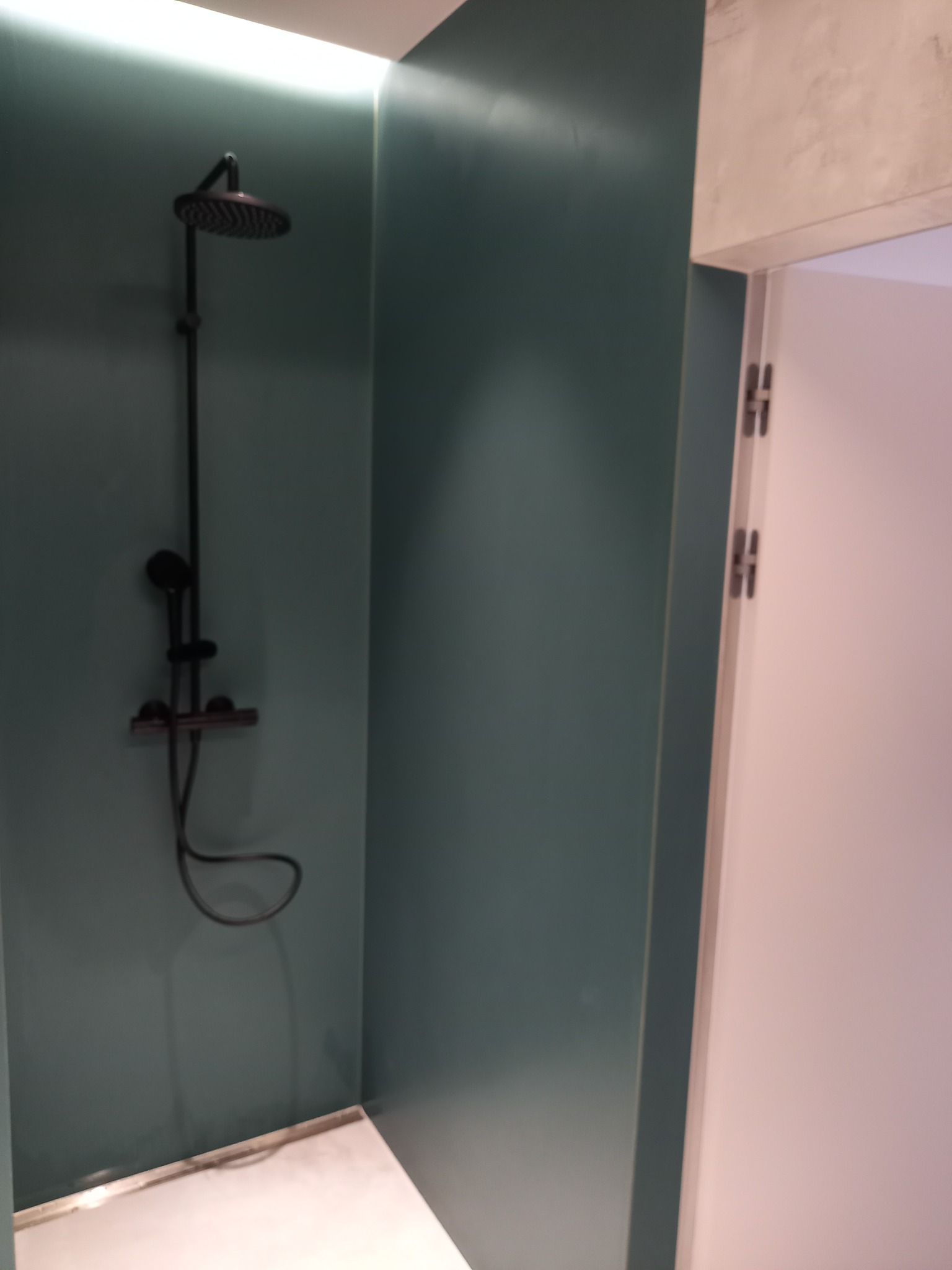 Nowoczesna kabina prysznicowa z czarną armaturą, wykończona w odcieniach zieleni. Minimalistyczny design z widocznym wejściem do łazienki.