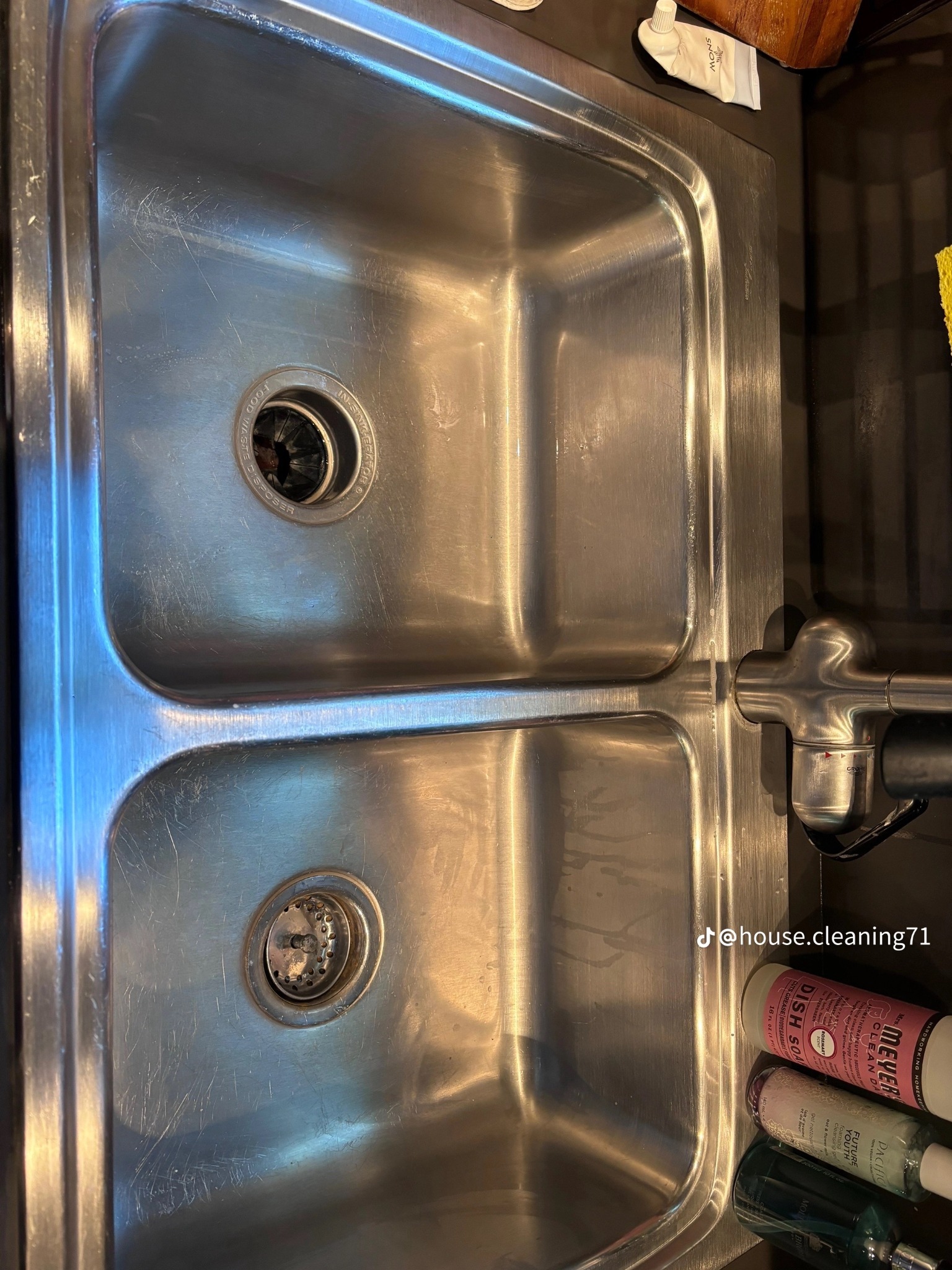 Dwukomorowy zlew ze stali nierdzewnej z widocznymi śladami użytkowania i środkami czyszczącymi obok, w tym butelka płynu do naczyń Mrs. Meyer's Clean Day i Pacifica Future Youth cleansing gel.