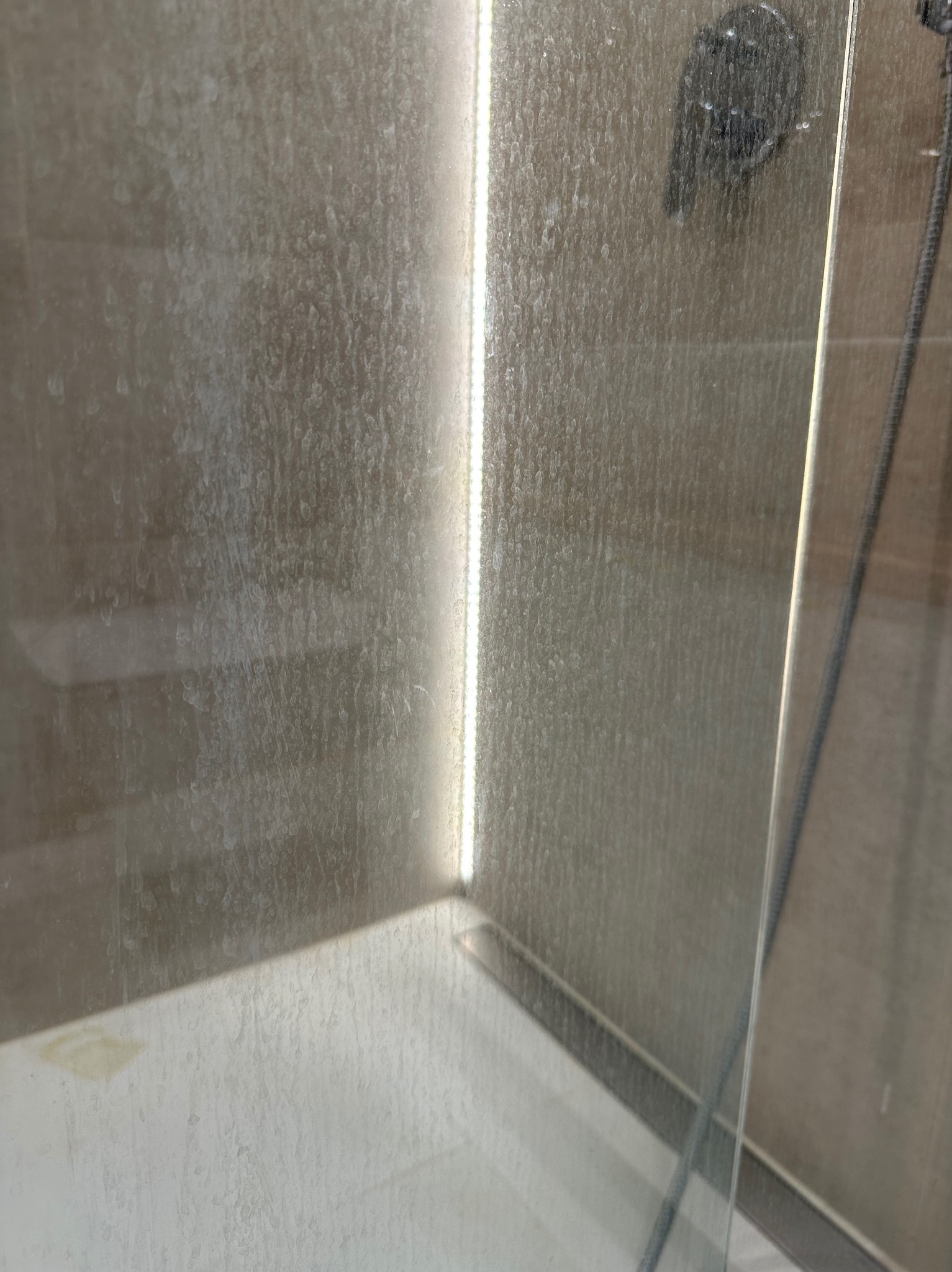 Zakamieniona kabina prysznicowa z widocznym osadem na szklanych ścianach i płytkach. Słabe oświetlenie podkreśla zabrudzenia.