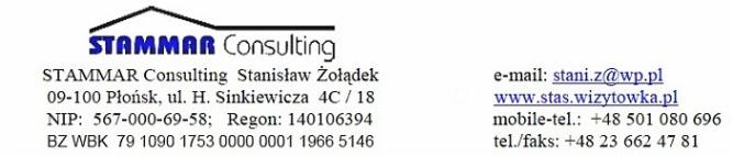 Wizytówka firmy STAMMAR Consulting z Płońska, zawierająca dane kontaktowe: adres, NIP, REGON, numer konta bankowego, e-mail i numery telefonów.