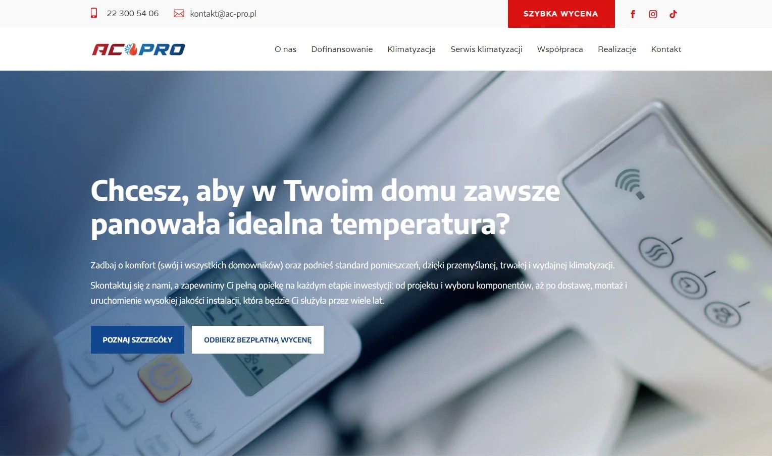 Strona internetowa AC-PRO.PL z nagłówkiem zawierającym logo firmy, numer telefonu i adres e-mail, menu z zakładkami Dofinansowanie, Klimatyzacja, Realizacje, oraz hasło reklamowe dotyczące idealnej...