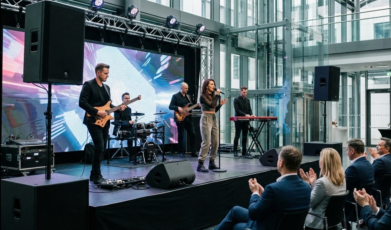 Zespół muzyczny na scenie podczas koncertu w nowoczesnym wnętrzu. Widoczni muzycy z instrumentami, publiczność i profesjonalne nagłośnienie.