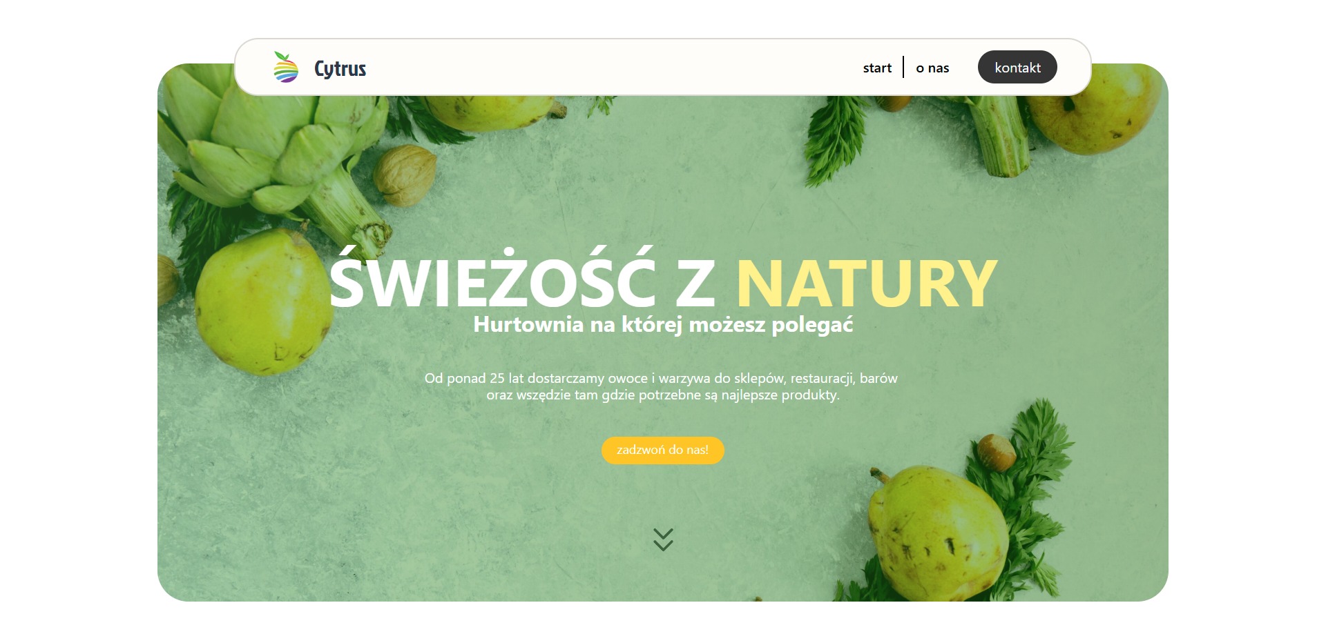 Strona internetowa hurtowni warzyw i owoców Cytrus Rumia z grafiką karczochów, gruszek i tekstem 'Świeżość z natury'.