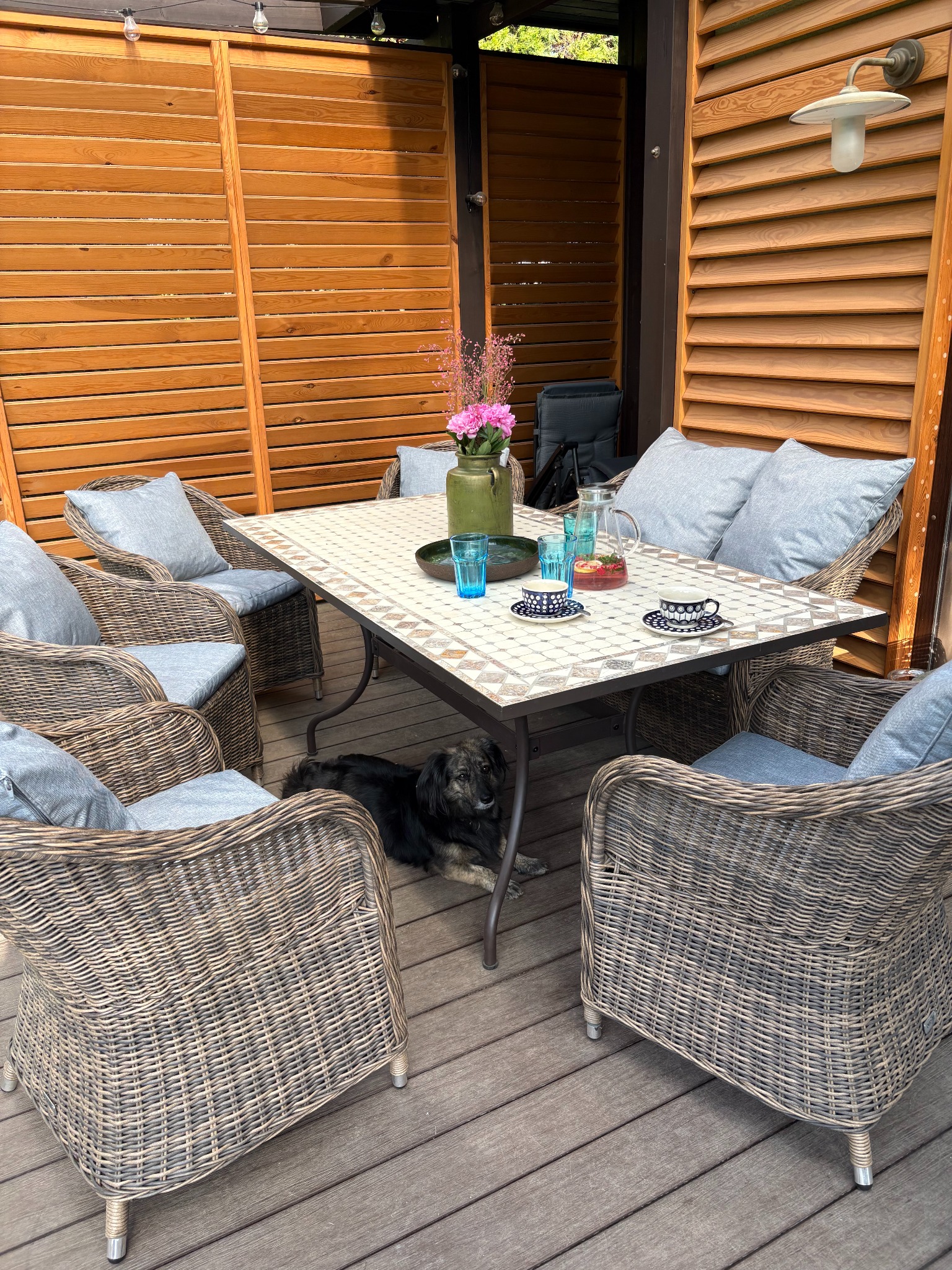 Zestaw mebli ogrodowych z wikliny: stół z mozaikowym blatem, krzesła z szarymi poduszkami. Uroku dodaje kwiatowy wazon i czarny pies pod stołem.