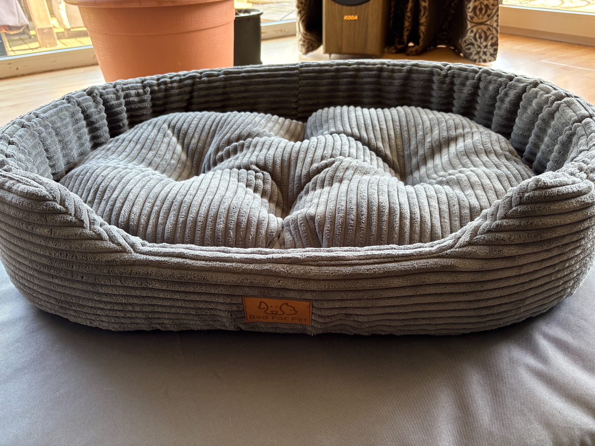 Szare, pluszowe legowisko dla zwierząt z brązową etykietą 'Bed For Pet' na tle podłogi i fragmentu doniczki, prezentowane w dziennym świetle.