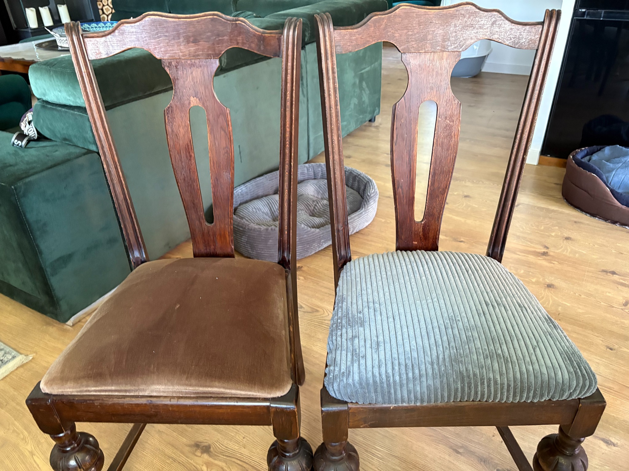 Dwa krzesła z drewnianą ramą i różnymi obiciami siedzisk: brązowym welurem i szarym sztruksem. Widoczne detale nóg i oparć, w tle kanapa i legowisko dla zwierząt.