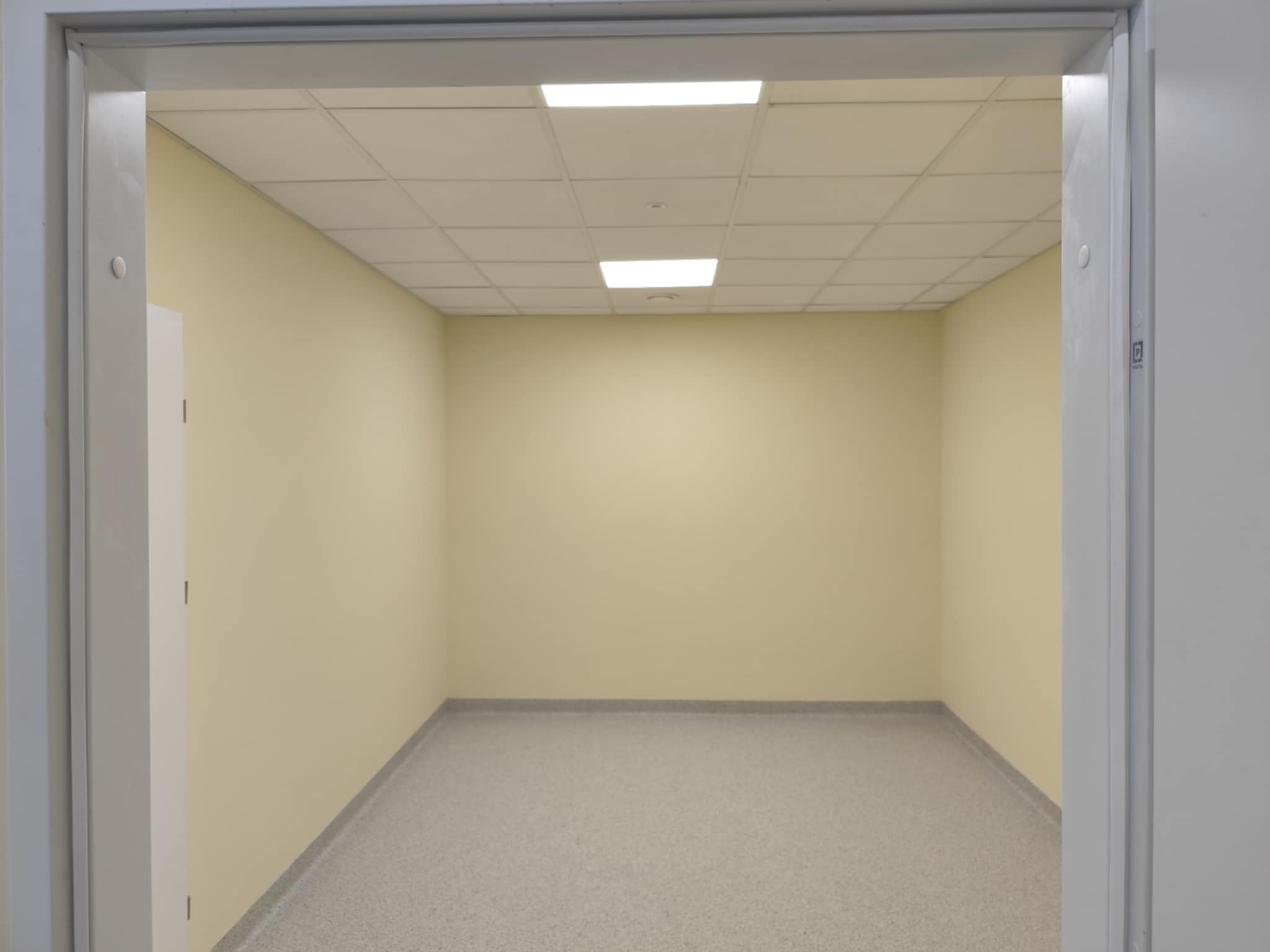 Pusta, jasna, kremowa ściana i sufit z panelami oświetleniowymi widziane przez otwarte, białe drzwi. Szara podłoga.